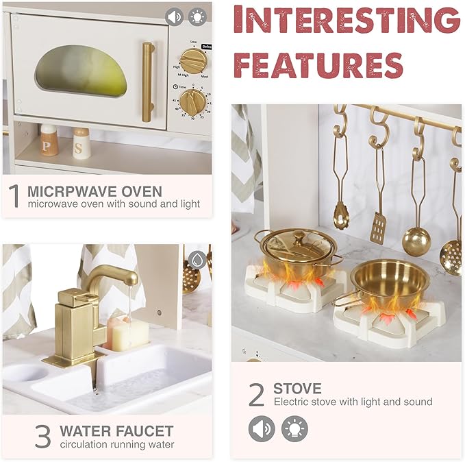 Wooden Play Kitchen Set with Ice Maker, Water Dispenser, Coffee Maker,Big Toddler Toy Kitchens Playset with Washing Machine,Sink with Running Water, Stove with Light&Sound,Gift for 3+boy Girl (White)