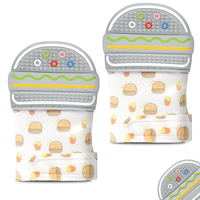 2Pack Silicone Teething Mitt, Hamburger Baby Teething Toy for 0-6 6-12 Months, Food Grade Silicone Infant Teething Mitten, BPA-Free Baby Chew Toys for Pain Relief, Sucking Needs
