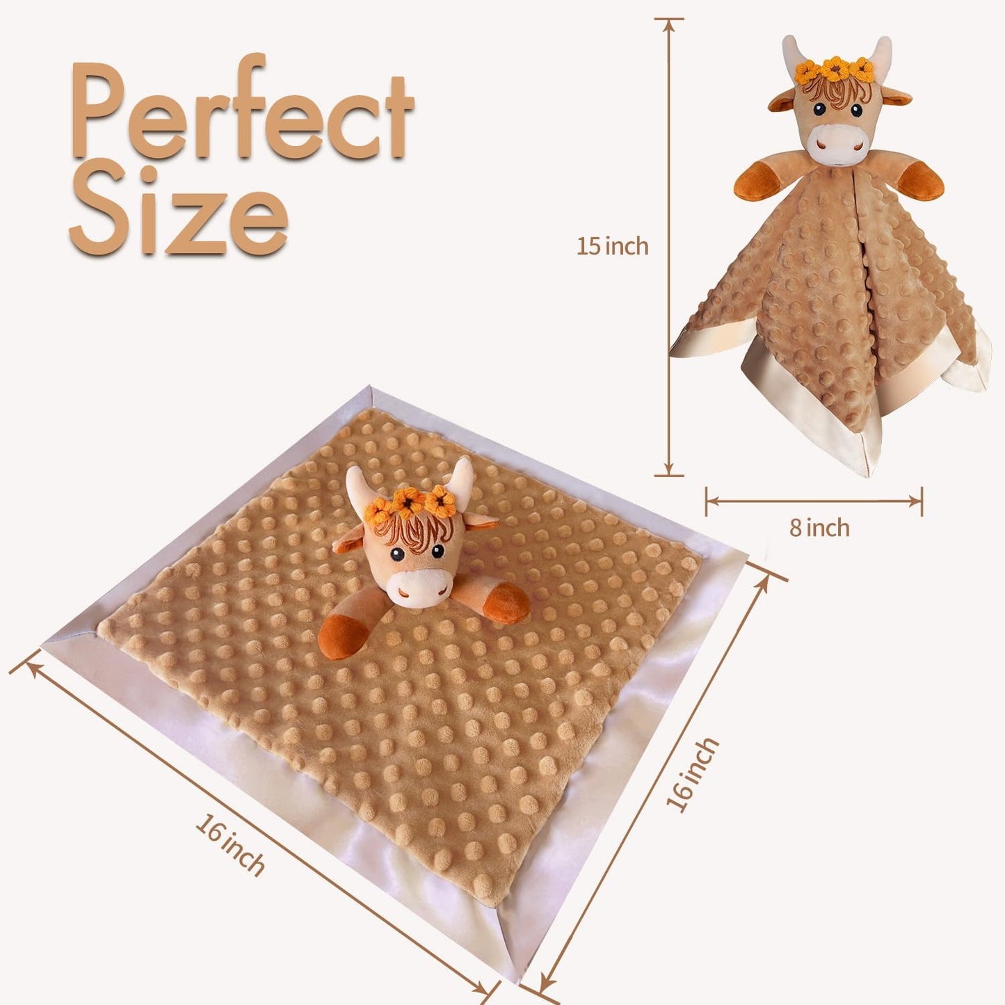 2 Pcs Loveys for Babies, Soft Baby Security Blanket Lovies for Babies, Stuffed Animals Blankie for Newborn Infant with Baby Snuggle Toy, Gilrs Gifts Highland Cow Security Blanket 16 Inch