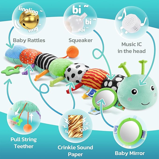 HEMRLY Baby Sensory Toy 0-6 Months, Musical Stuffed Caterpillar Plush with Teether, Crinkle, Rattle, Baby Mirror for Tummy Time, Infant Car Seat Toy for 0-3-6-12 Month Boys Girls Gifts - Knotted Blue