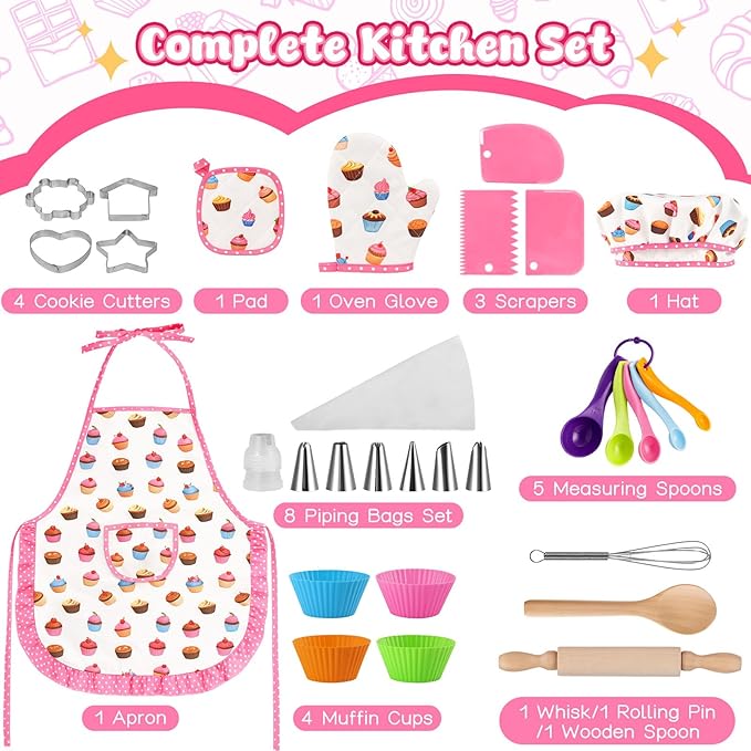 LovesTown Kids Cooking and Baking Sets, 32PCS Kids Chef Hat and Apron Pretend Play Toys for Toddler Gifts for Boys Girls