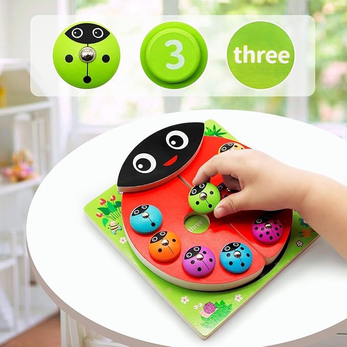 MOONTOY Wooden Ladybug Montessori Toys for 1 2 3 4 Year Old Boy Girl Learning Toys for Toddlers 1-3 Magnetic Fishing Game Number Block Counting Color Shape Sorter Puzzle Easter Basket Stuffers Gift