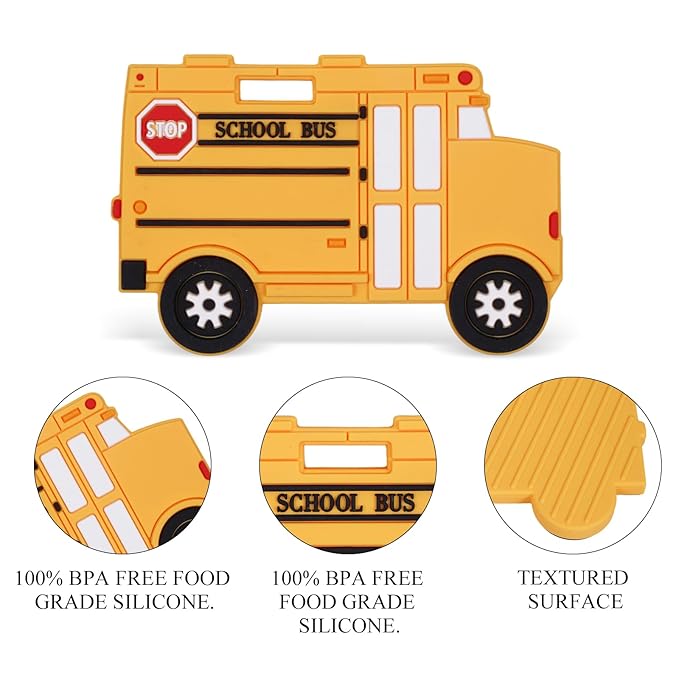 Baby Food Grade Silicone Carrier Vehicle Teether Toy with Pacifier Clip Holder,Teething Toys Gift Set for 3 Months+ Boys and Girls,Freezer Safe,BPA Free.(School Bus)