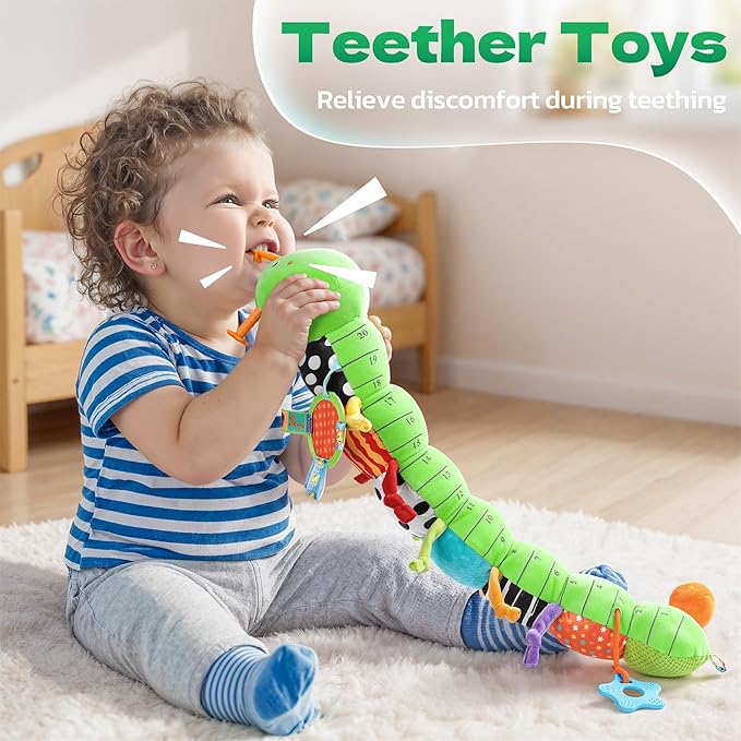HEMRLY Baby Sensory Toy 0-6 Months, Musical Stuffed Caterpillar Plush with Teether, Crinkle, Rattle, Baby Mirror for Tummy Time, Infant Car Seat Toy for 0-3-6-12 Month Boys Girls Gifts - Knotted Green