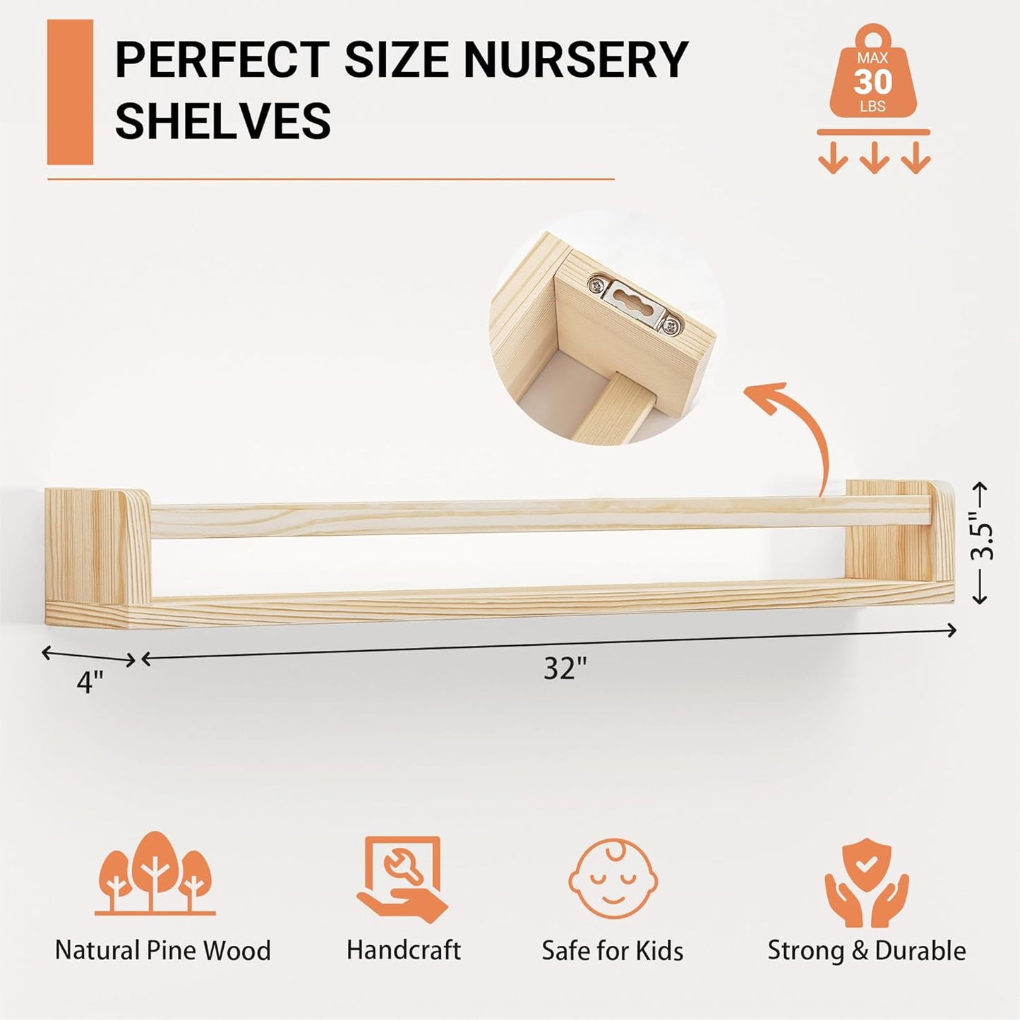 Heimlove 32 Inch Nursery Floating Shelves, Wood Nursery Book Shelves for Wall, Wall Bookshelf for Kids Solid Wood Wall Mounted Shelves for Books,Toys and Decor Storage, Set of 2