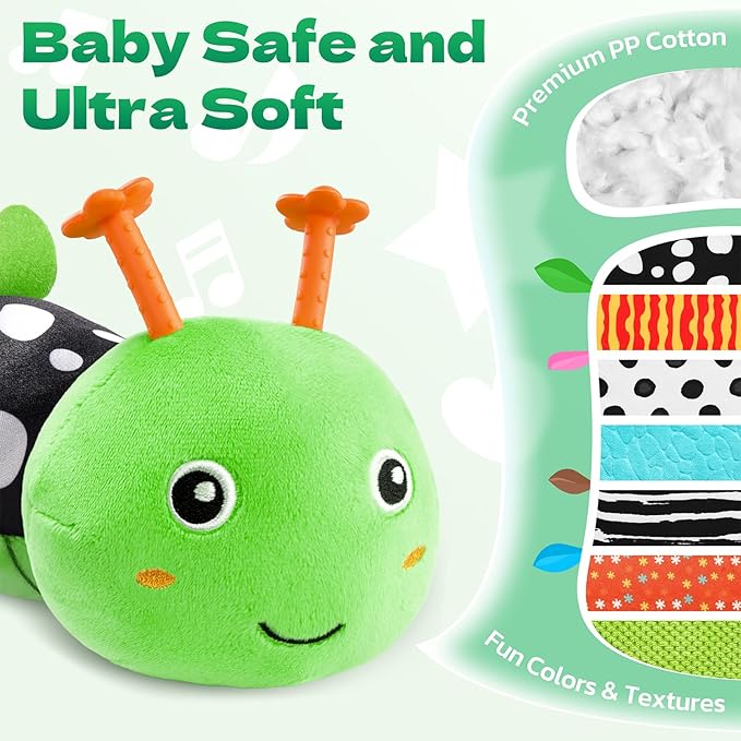 HEMRLY Baby Gifts Toys, Sensory Toy 0-6 Months, Musical Stuffed Caterpillar Plush with Soft Teether, Rattle for Tummy Time, Infant Car Seat Toy for 0-3-6-12 Month Boys Girls Gifts - Spotted Green