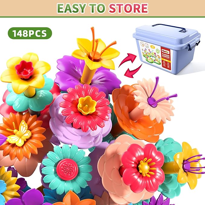 148PCS Flower Garden Building Toys for 3 4 5 6 Year Old Girls, Educational Activity Preschool Birthday Gifts for 3 4 5 Year Old Girls, Building Stem Toys for Kids Toddlers Ages 3-5