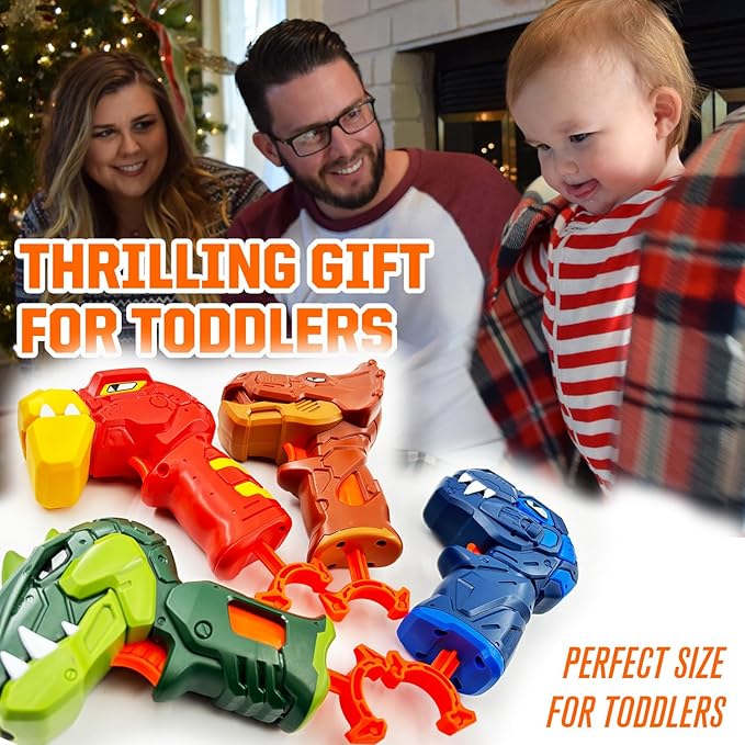 4-Pack Mini Dinosaur Toy Guns Set for Kids Nerf Party Favors, Family Small Dino Blaster Bulk for Toddlers Age 3 4 5 6, Ideal Boys Gift Birthday Valentine Easter Christmas Stocking Stuffers