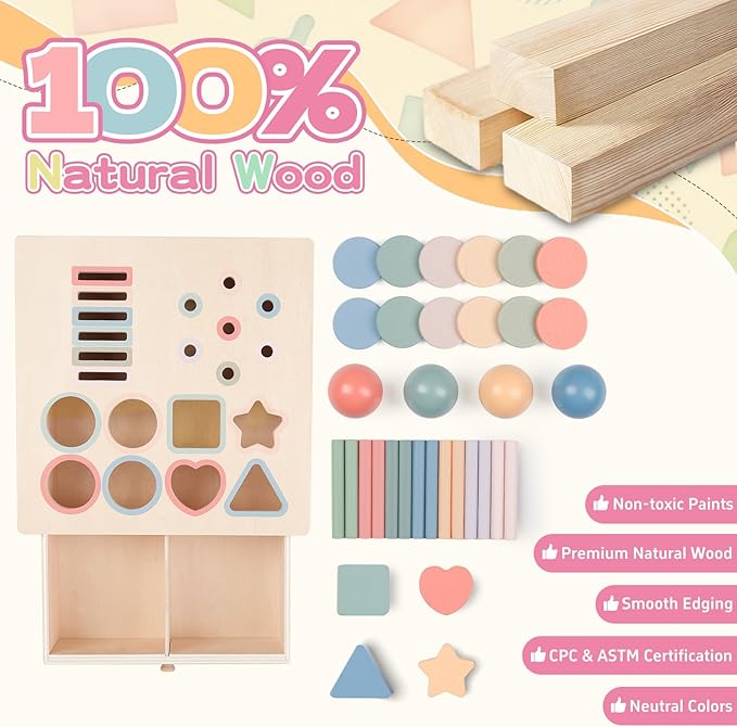 Montessori Toys for 2 3 4 5 Color Sorting - Wooden Object Permanence Box with Drawer Sensory Toys Shape Sorter Education for Baby Toddler Boy Girl Drop Busy Box 4 in 1