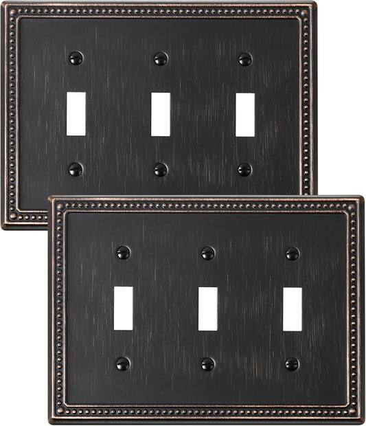 2-Pack Triple Toggle Light Switch Cover Plate, Pearls Decorative Switch Plate Covers, Aged Bronze 3 Gang Metal Wall Plate, Corrosion Resistant