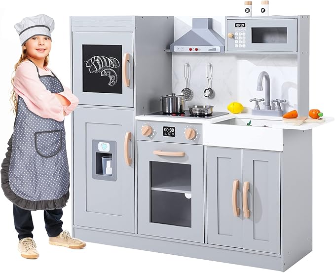 Kids Kitchen Playset,Wooden Play Kitchen Playset with Ice Maker Microwave,Oven and Other Accessories,Chef Pretend Play for Toddlers with Real Lights & Sound,Toy Gift for Boys Girls