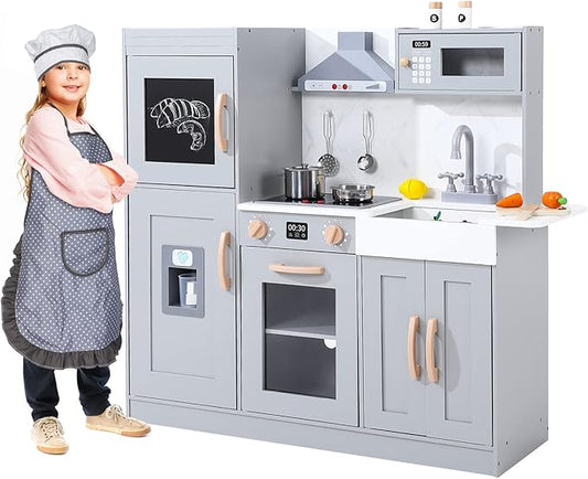 Kids Kitchen Playset,Wooden Play Kitchen Playset with Ice Maker Microwave,Oven and Other Accessories,Chef Pretend Play for Toddlers with Real Lights & Sound,Toy Gift for Boys Girls