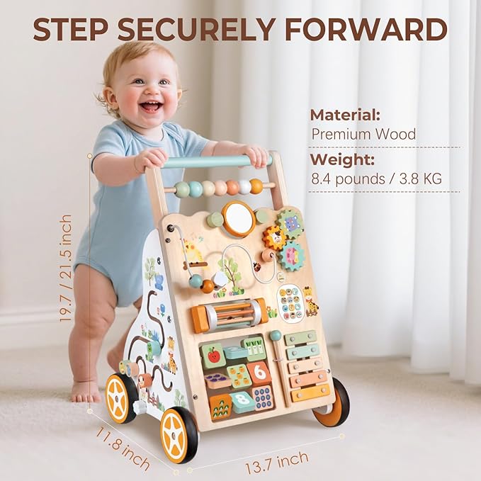 Baby Push Walker, Wooden Baby Walker with Wheels, Montessori Activity Center for 1 2 3 Years Old Boys Girls, Adjustable Speed & Height Push Toy for Toddler Learning to Walk, Gift for Kids Development
