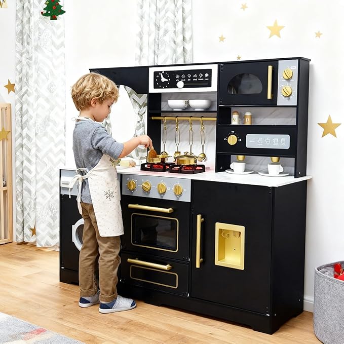 Wooden Play Kitchen with Light & Sound, Toy Sink and Water Dispenser with Runing Water, Large Toddler Kitchen Playset with Washing Machine,Premium Gifts for 3+Years Boys Grils Kids