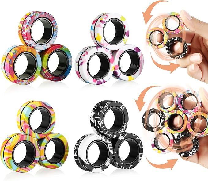12Pcs Magnetic Ring Fidget Spinner Toys Set, Graffiti Camo Fingers Magnet Rings, ADHD Stress Relief Magical Toys for Training Relieves Autism Anxiety, Great Gift for Adults Teens Kids