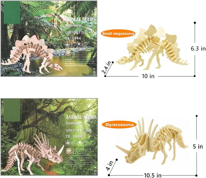 3D Wooden Dinosaur Puzzle - 6 Piece Set Wood Dinosaur Skeleton Model Puzzle - DIY Wooden Crafts 3D Puzzle - STEM Toys Brain Teaser Puzzle Gifts