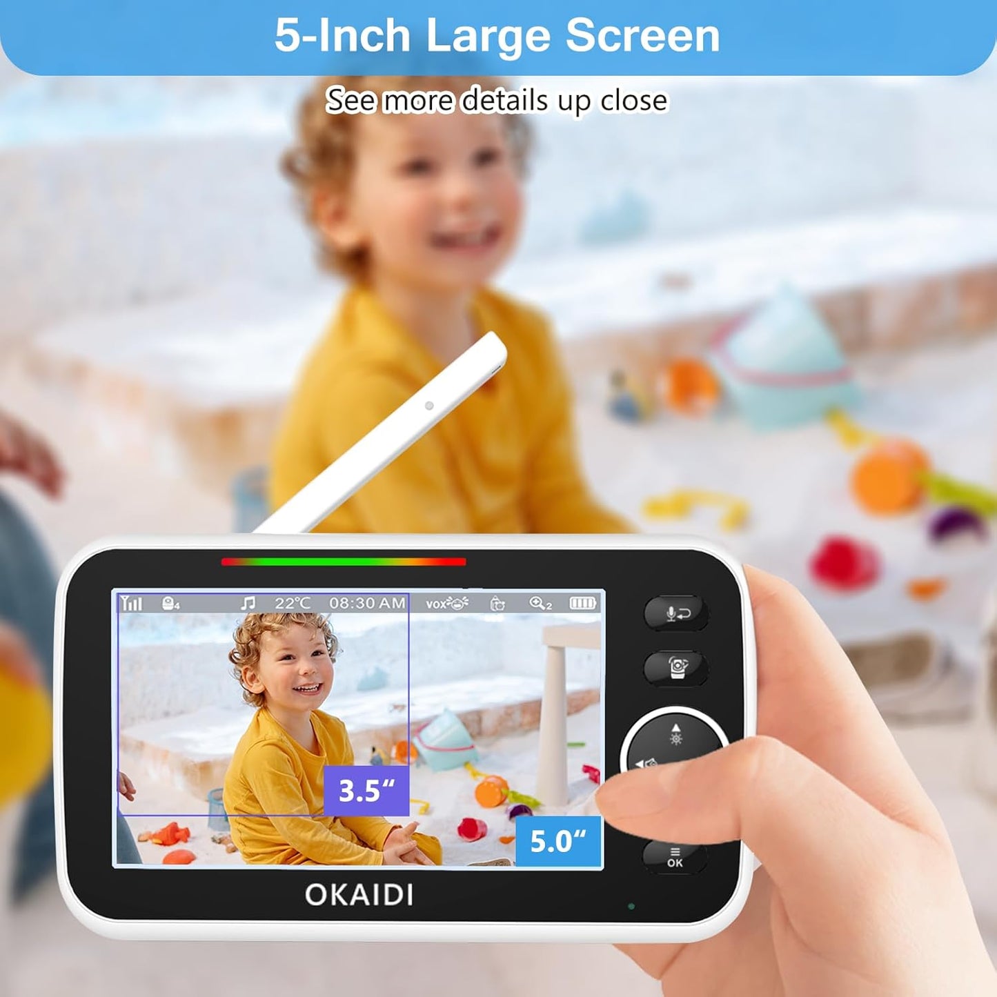 5" HD Baby Monitor with Camera and Audio, 720P Display, 5000mAh Battery, Remote Pan-Tilt, 3X Zoom, Night Vision, 2-Way Talk, Temperature,Lullabies,1000ft Range Baby Monitor No WiFi