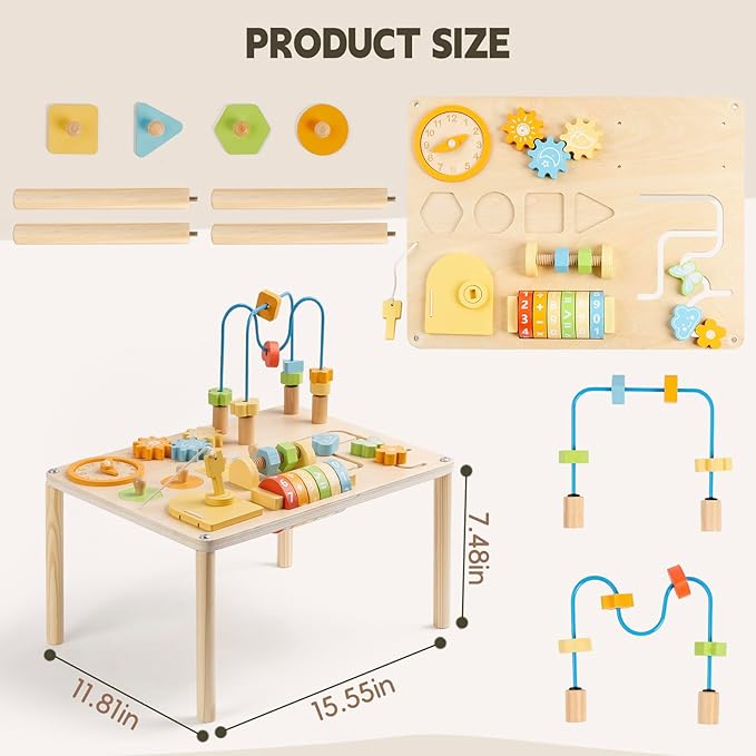 Activity Table for 1 Year Old, 8 in 1 Macaron-Colored Montessori Toys, Baby Activity Table with Bead Maze & Shape Sorter, Educational Sensory Table for Girls Boys 12+ Months