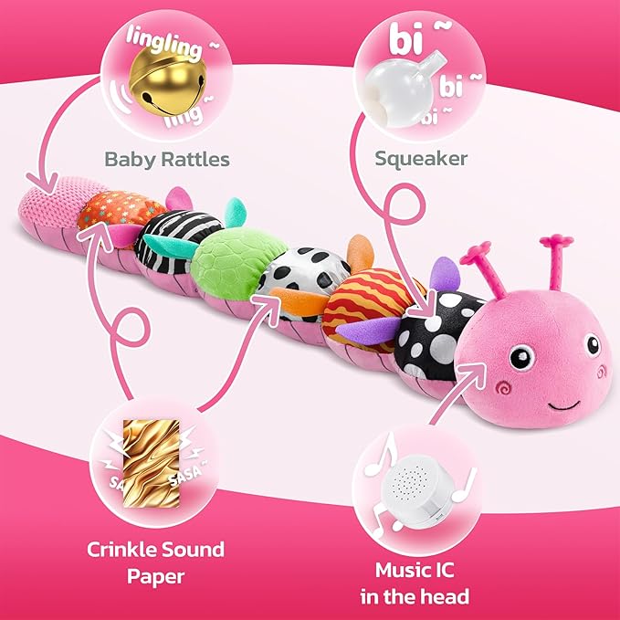 HEMRLY Baby Gifts Toys, Sensory Toy 0-6 Months, Musical Stuffed Caterpillar Plush with Soft Teether, Rattle for Tummy Time, Infant Car Seat Toy for 0-3-6-12 Month Boys Girls Gifts - Spotted Pink