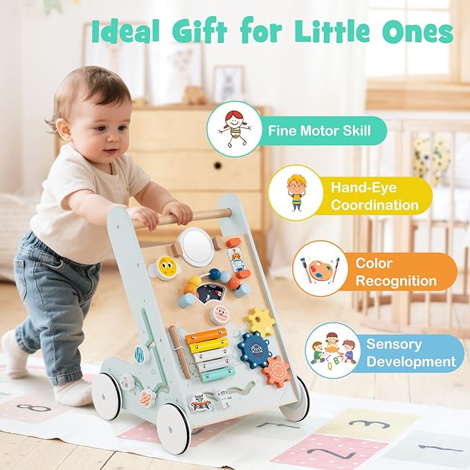 HONEY JOY Baby Push Walker, Wooden Infant Walker Activity Center with Shape Sorter, Develop Motor Skills & Creativity, Push Toys for Babies Learning to Walk, Gift for Boys and Girls, Light Blue