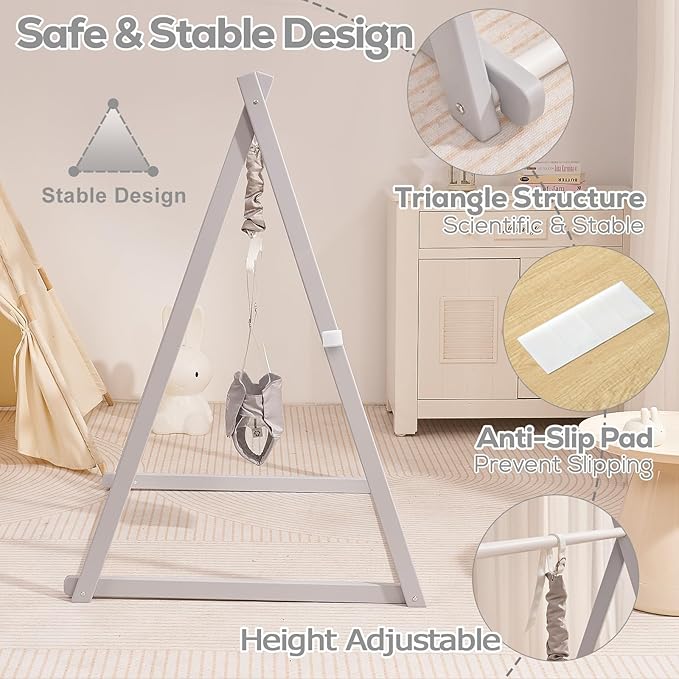 FUNLIO Montessori Wooden Baby Jumper with Stand for 6-36 Months, Adjustable Baby Bouncer for Indoor/Outdoor Play, Foldable Toddler Jumper for Baby Girl/Boy, Easy to Assemble & Store - Grey