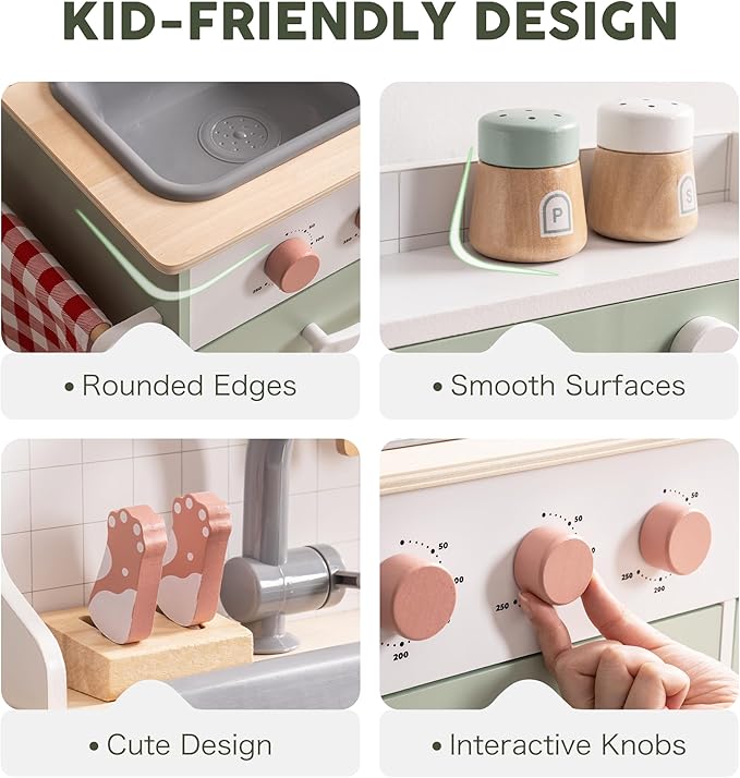 ROBUD Wooden Play Kitchen Set for Kids Toddlers, Pretend Kitchen Playset with BBQ Grill, Ice Maker, Coffee Machine, and Accessories, Toy Kitchen Gift with Lights & Sounds for Girls & Boys, Age 3+