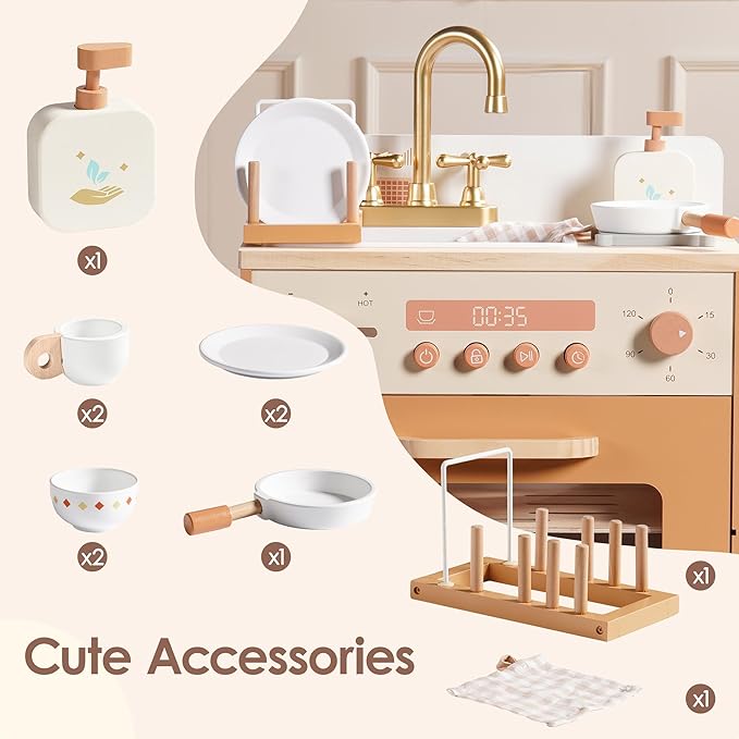 ROBOTIME Wooden Toy Dishwasher Sink – Caramel Pretend Kitchen Toy with Gold Faucet, Turning Knobs, Dish Rack, Plates, Bowls, Cups – Montessori Wooden Play Kitchen for Girls Ages 3+