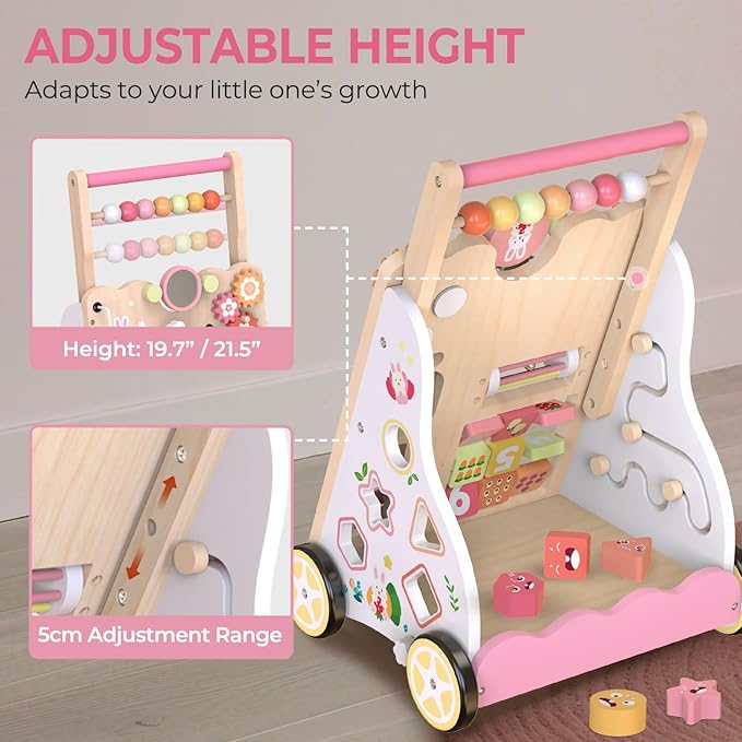 Baby Push Walker, Wooden Baby Walker with Wheels, Montessori Activity Center for 1 2 3 Years Old Boys Girls, Adjustable Speed & Height Push Toy for Toddler Learning to Walk, Gift for Kids Development