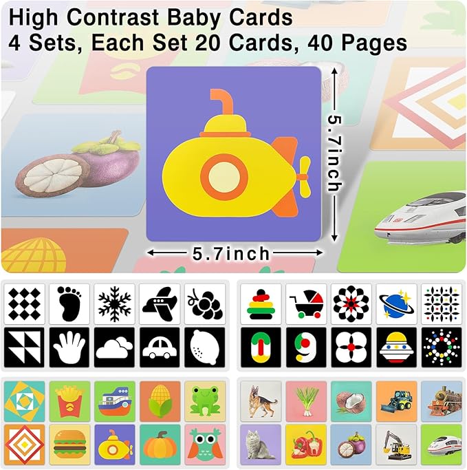 4 Sets High Contrast Baby Cards, 80 Pcs 160 Page Black White Colorful Baby Flashcards Newborn Toys for Infants Visual Stimulation Brain Sensory Development(0-36 Months)