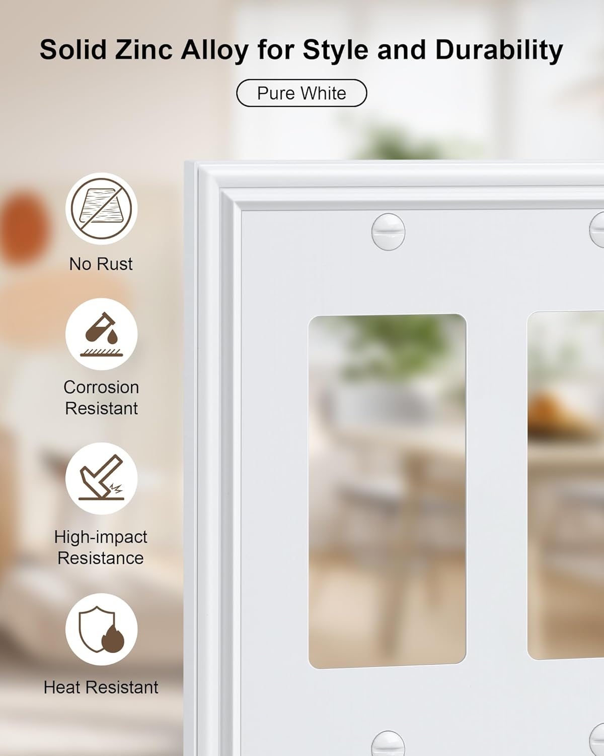 2-Pack Decorative Double Decorator Outlet Cover Plate, Durable Zinc Alloy Pure White Wall Plates for Electrical Outlets, Receptacle, GFCI Outlet, Dimmer Switch, 2-Gang, Corrosion Resistant