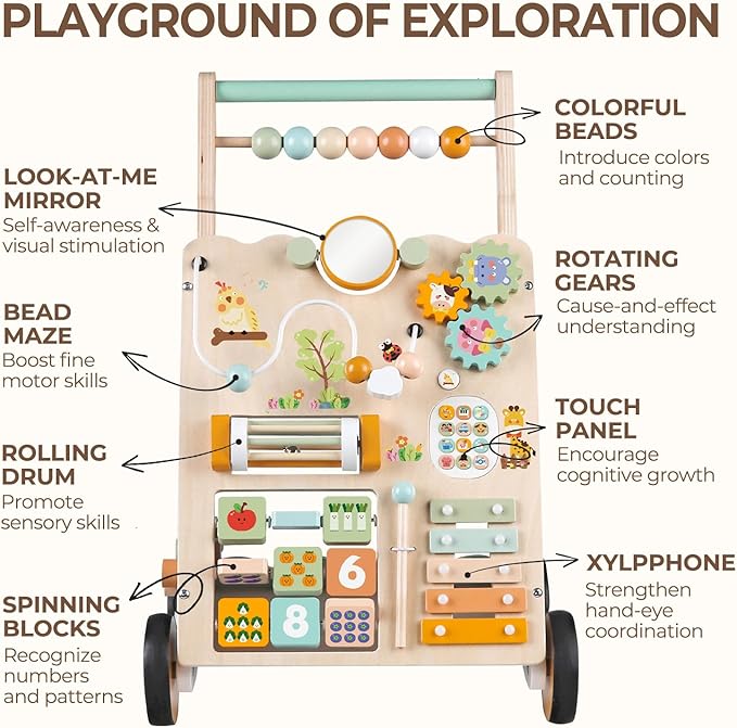 Baby Push Walker, Wooden Baby Walker with Wheels, Montessori Activity Center for 1 2 3 Years Old Boys Girls, Adjustable Speed & Height Push Toy for Toddler Learning to Walk, Gift for Kids Development