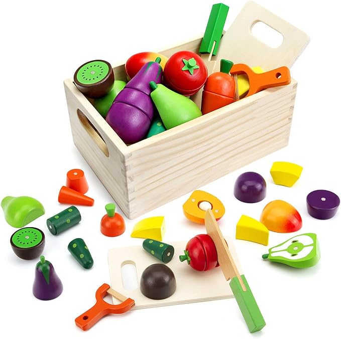Wooden Play Food Sets for Kids Kitchen - Cutting Fruits and Veggies Toddler Toys Pretend Food Play Kitchen Accessories Montessori Educational Toys Gifts for Kids Boys Girls 3+