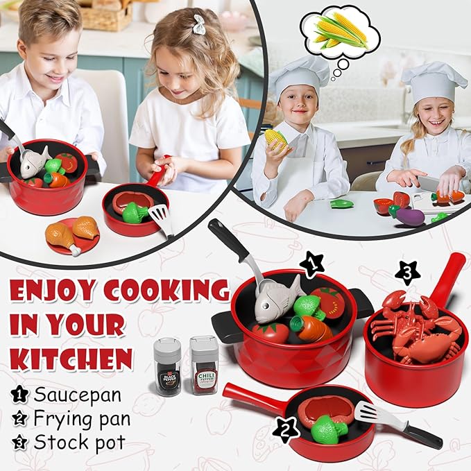Lehoo Castle Play Kitchen Accessories, Play Pots and Pans Sets for Kids Kitchen, Play Food Sets for Kids, Toddler Cooking Set with Utensils, Toy Foods for Toddlers 3-5, Toys for 3+ Years Old Girls