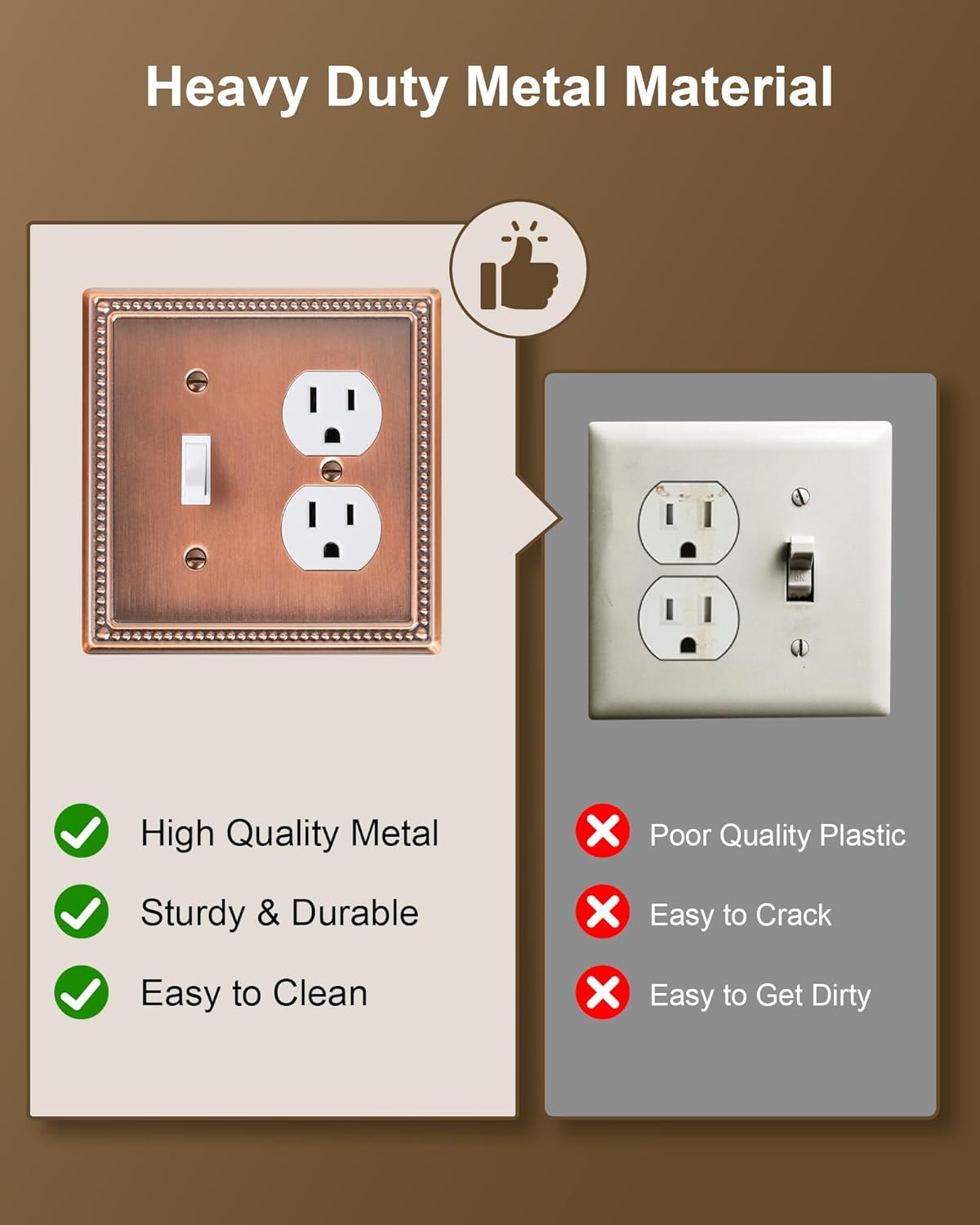 2-Pack Combo Toggle/Duplex Light Switch Cover Plate, Antique Copper Metal Wall Outlet Cover Plate, Decorative Classic Beaded Wall Socket Receptacle Cover for Electrical Outlets, Light Switch