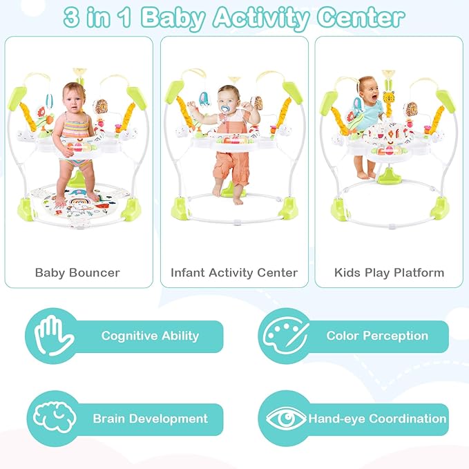 HONEY JOY Baby Bouncer Activity Center, Infant Jumper and Table w/ 360° Rotary Seat, 3 Adjustable Heights, Mat, Music, Lights, Sounds & Developmental Toys, Activity Center for Babies (Yellow)