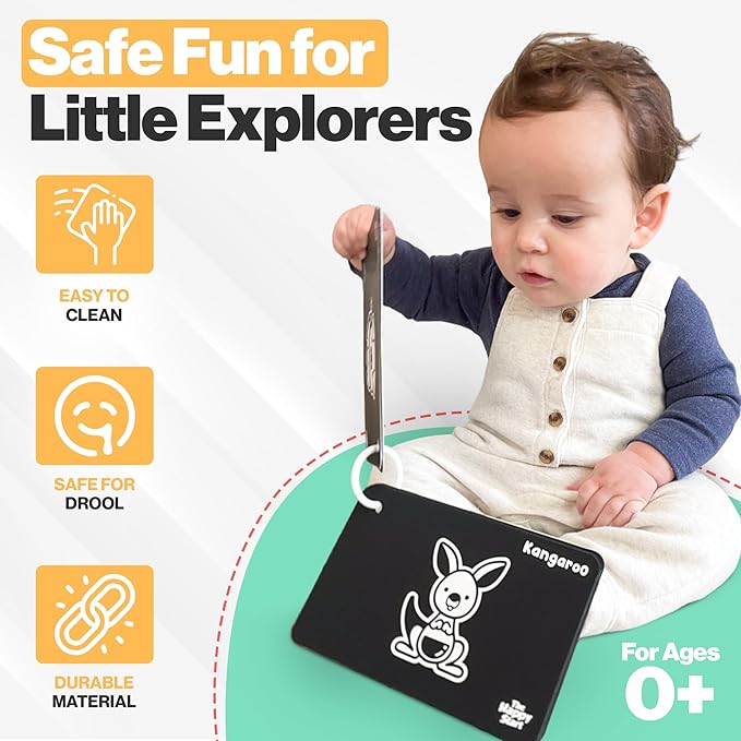 Happy Start High Contrast Baby Cards for Newborns - Black & White Cards, Water-Resistant, BPA-Free, Portable Educational Flashcards for Visual Stimulation, Award-Winning, Ages 0+ (English)