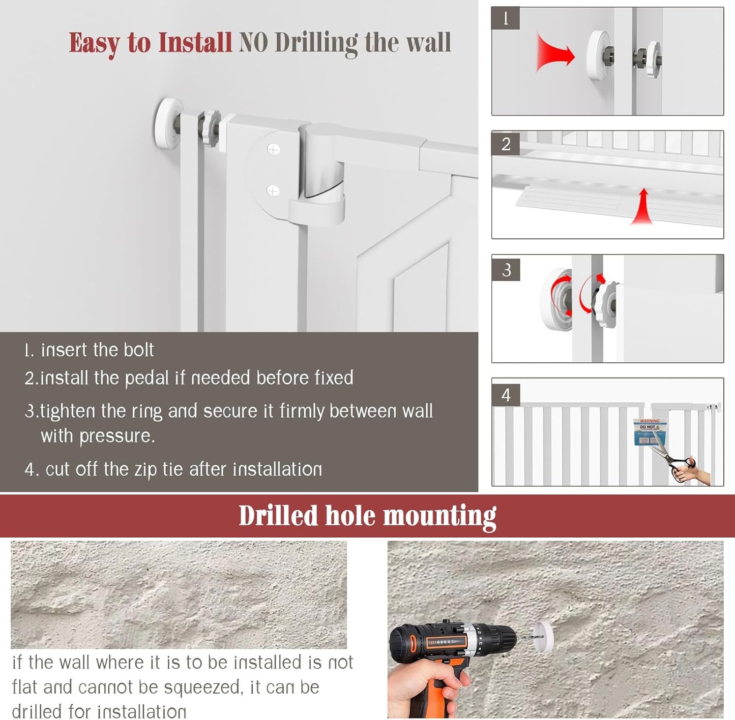 Glaf Extra Tall Pressure Mounted Pet Gate 63" With Cat Door - Adjustable Width 33.86-37.4" Metal Safety Gate for Dogs and Cats - Auto-Close for Doorways, Stairs, Kitchen, Hallway (White)