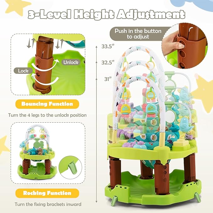HOMGX Baby Bouncer Activity Center, 3 in 1 Baby Jumper Center & Infant Playtime Mat & Activity Table w/Baby Toys, 3 Adjustable Heights & 360° Rotatable Seat, Activity Center for Toddlers (Green)