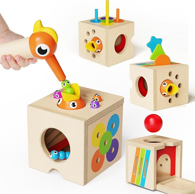 5-in-1 Wooden Activity Cube, Toddlers Montessori Toys for Baby Boys Girls, Baby Activity Center for 2+ Year Old, Woodpecker Worm Toy Magnetic Bird Feeding Game, Educational Color & Shape Sorting Toy