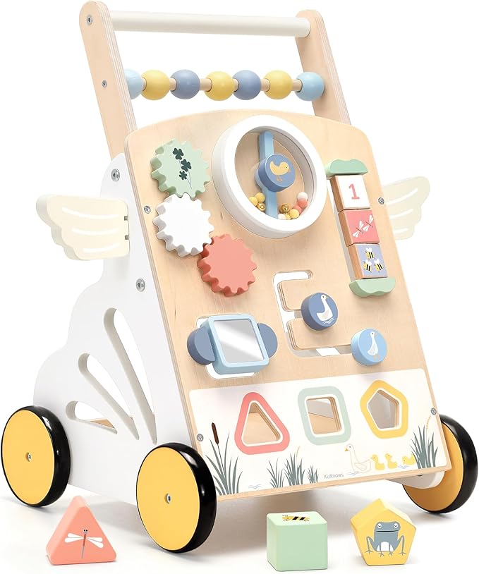 Wooden Baby Walker, Baby Push Walker, 8-in-1 Nature Activity Center, Adjustable Speed Montessori Walker Toy with Activity Center Toys for Boys Girls 1 2 3 Year Old