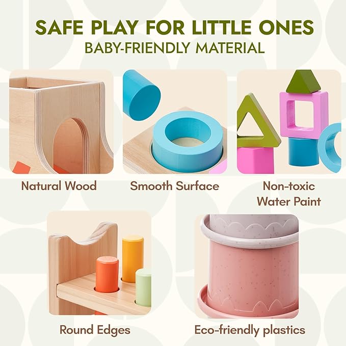 Giant bean 8-in-1 Wooden Montessori Toys Set Learning Toys for Baby 12-18 Month with Object Permanence Box, Senser Ball Roll Tower, Hammer, Fishing Carrot, Shape Sorting Stacking Cup for Kids 1+