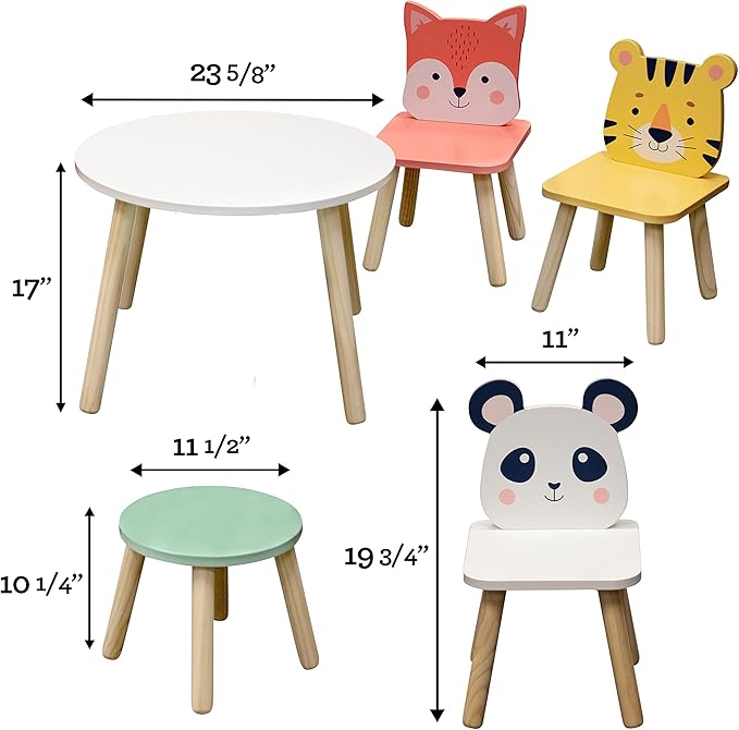 Kids Wooden Animal Table & Chair Set w 4 Seats- Tiger Panda Fox & Adult Stool for Xmas Arts Crafts, Dining, Pretend Play- Durable Playroom Furniture for Home Daycare Classroom- Toddler Activity Center