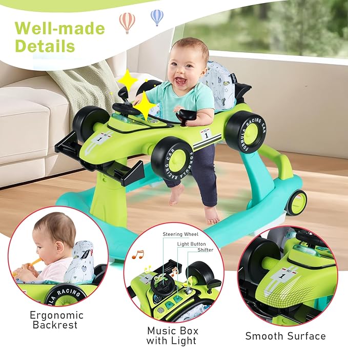 BABY JOY 4-in-1 Baby Walker, Foldable Activity Walker with Adjustable Height & Speed, Music, Lights, Anti-Rollover, Toddler Push Walker, Baby Walker with Wheels for Boys Girls 6-18 Months (Green)