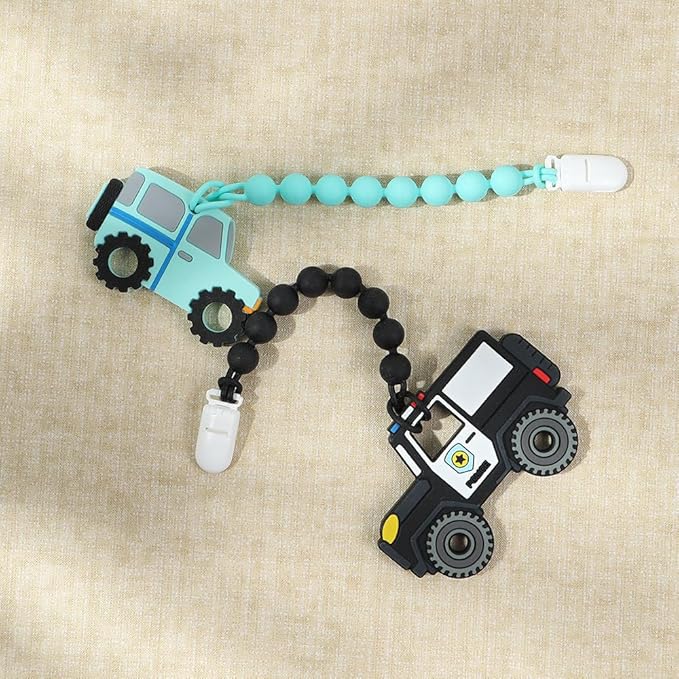 Baby Food Grade Silicone Carrier Vehicle Teether Toy with Pacifier Clip Holder,Teething Toys Gift Set for 3 Months+ Boys and Girls,Freezer Safe,BPA Free. (Police Car)
