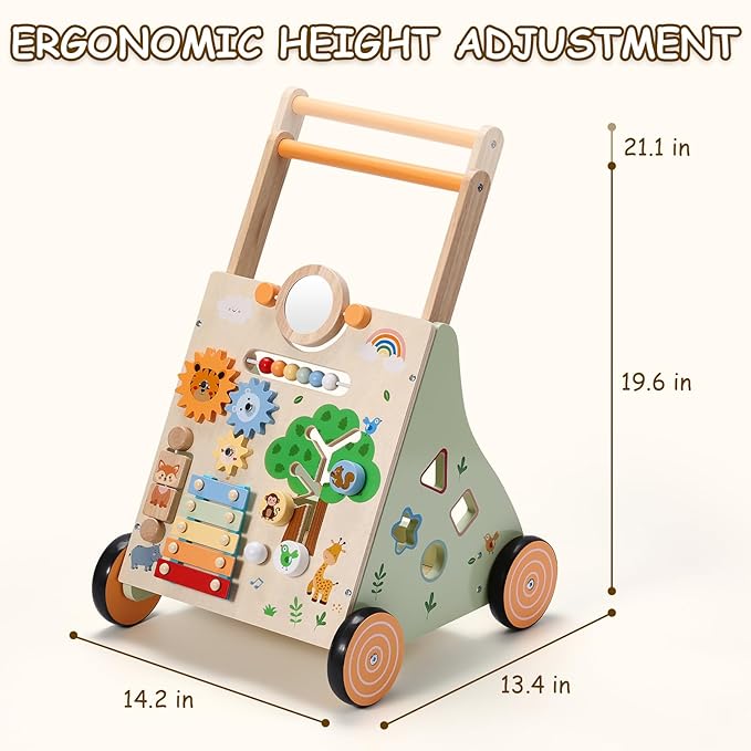 SainSmart Jr. Wooden Baby Walker, Adjustable Height and Speed Baby Push Walker, Montessori Activity Center for 6-12 Months, Push Walking Toys for 1 Year Old Boys Girls Learning to Walk, Animal Theme