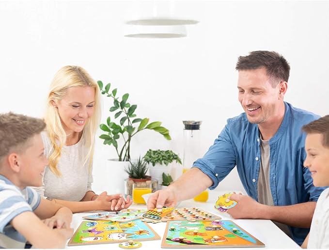 WOOD CITY Toddler Puzzles and Rack Set, Wooden Peg Puzzles Bundle with Storage Holder Rack, Educational Knob Puzzle for Kids Age 2 3 4 Years - Alphabet Number Shape Dinosaur Animal Vehicle