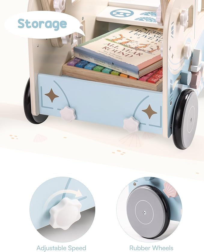 ROBOTIME Wooden Baby Walker, Baby Push Walker, Baby Activity Center Toys, Ajustable Speed Multi-Functional Baby Walker with Wheels for Boys and Girls(Vacation Bus)