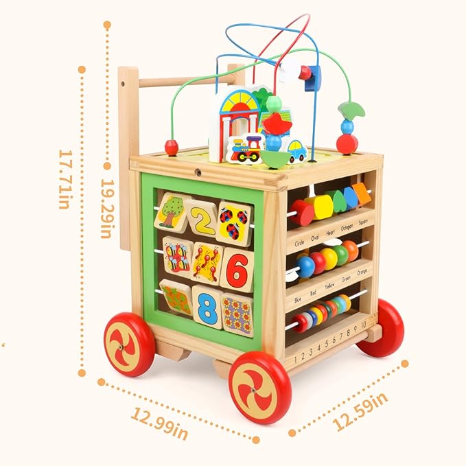 Wooden Activity Cube 6 in 1 Montessori Educational Learning Sensory Toys for 1 Year Old 12-18 Months Boys Girls First Birthday Gifts for Baby Toddler Toys Age 1-2 Bead Maze Shape Sorter Abacus