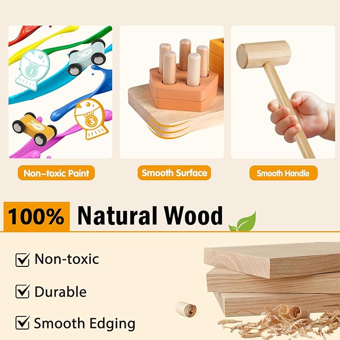 Wooden Montessori Toys for 1 Year Old, Pounding Hammering Toy with Xylophone & Fishing Game, Car Ramp Toy, Stacking Blocks & Shape Sorter 3 in 1 Wooden Toddler Toys 1 2 3 for Christmas Birthday Gifts