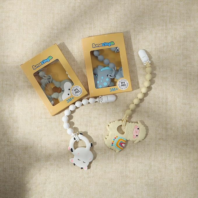 Baby Food Grade Silicone Teether Toy with One Piece Design Pacifier Clip Holder,Teething Toys Gift Set for 3 Months+ Boys and Girls,Freezer Safe,BPA Free. (Gray Raccoon)